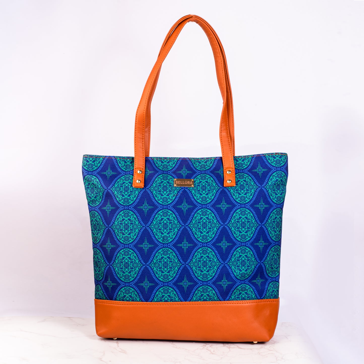 BELLORA Women's Tote Bag – Regal Damask Blue Design, Top Zip Closure & Multiple Pockets