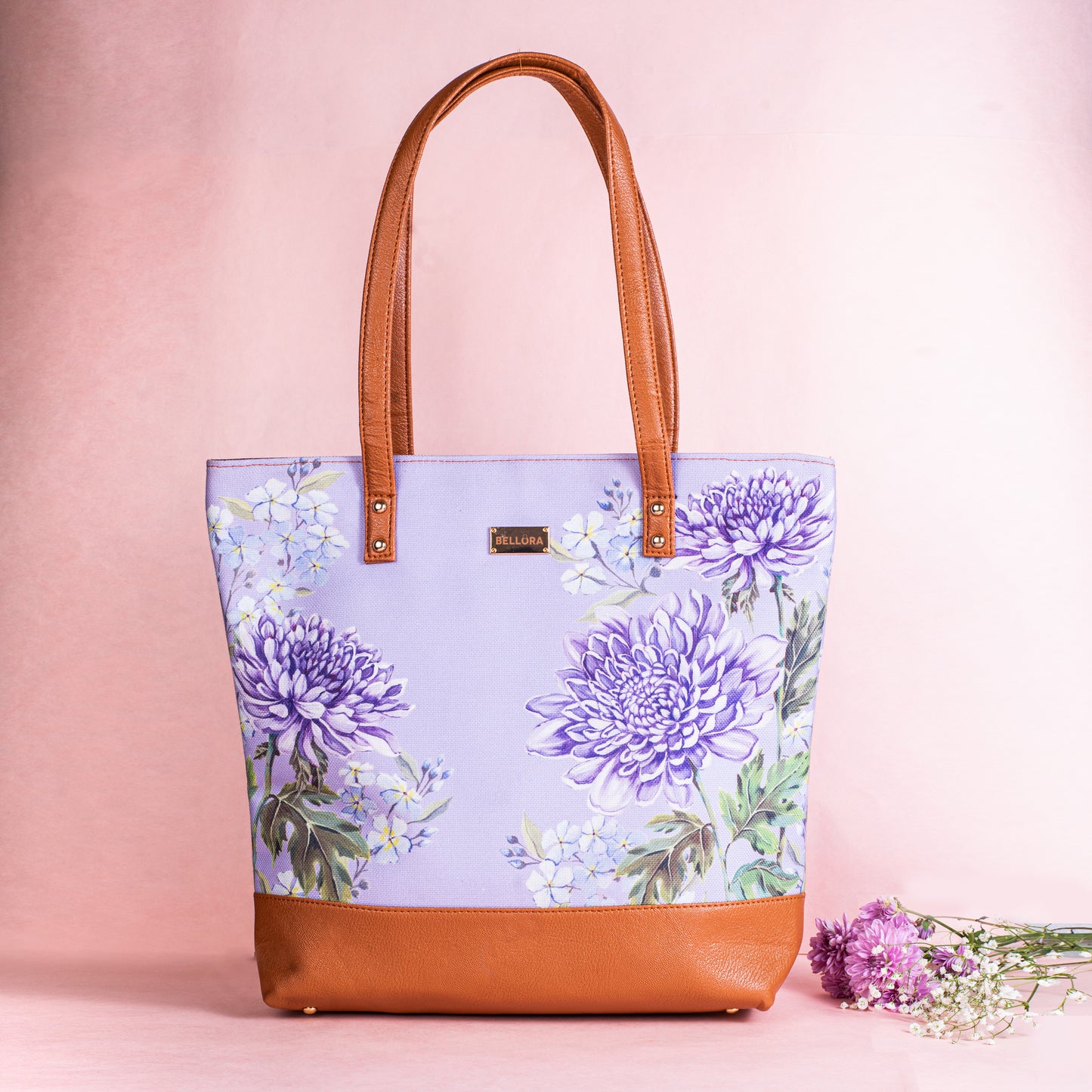 BELLORA Women's Tote Bag – Chrysanthamum Floral Design, Top Zip Closure & Multiple Pockets