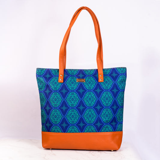 BELLORA Women's Tote Bag – Regal Damask Blue Design, Top Zip Closure & Multiple Pockets